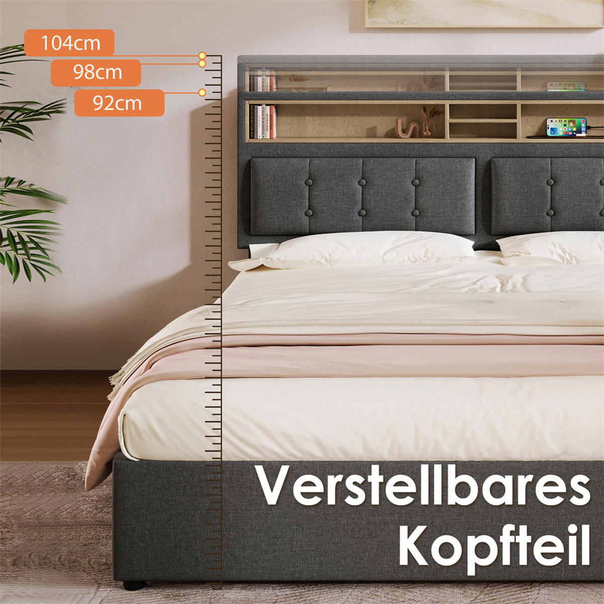 POLSTERBETT 140/200 cm in Grau, mit Matratze - Grau, Holz/Textil (140/200cm) - KOMHTOM