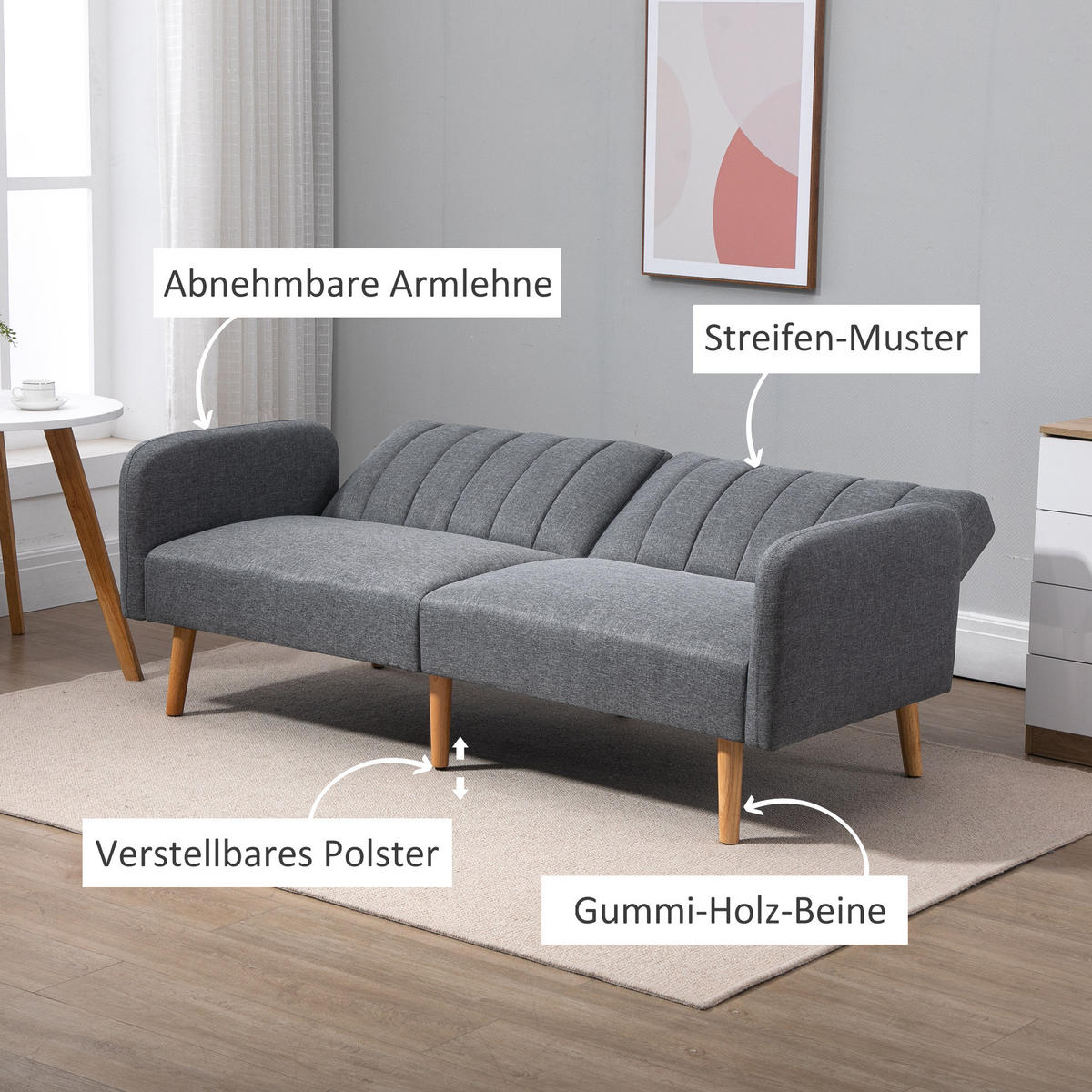 SCHLAFSOFA Klappsofa 2-Sitzer Stoffsofa Sofa mit Schlaffunktion Leinen-Touch - Naturfarben/Grau, Holz/Textil (75/73/173cm) - HOMCOM