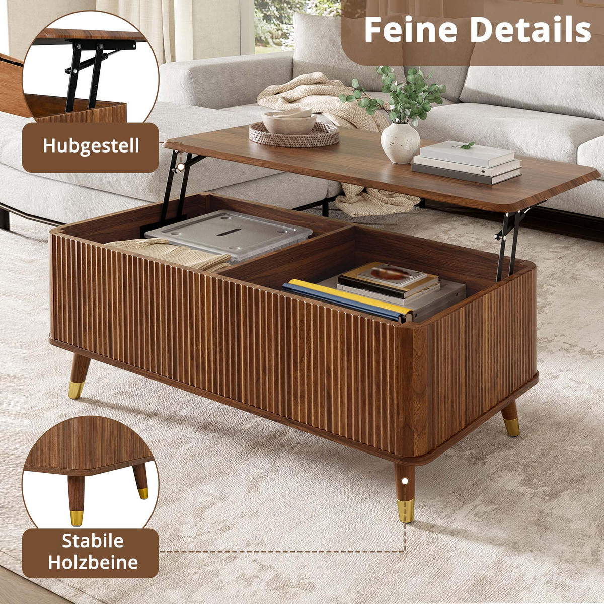 COUCHTISCH Retro Walnuss höhenverstellbar Wellen modern - Walnussfarben, Holzwerkstoff (97/52/56.5cm) - FLIEKS