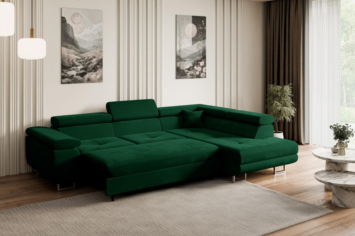 ECKSOFA mit Schlaffunktion und Bettkasten GUSA-L 272x202x107 cm Grün Velours - Silberfarben/Grün, Holzwerkstoff/Textil (272/202cm) - ALTDECOR