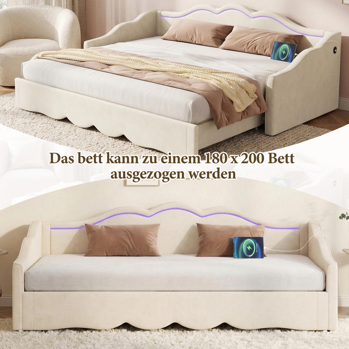 POLSTERBETT 90/200 cm Beige aus Samt mit USB- und TYPE-C-Anschluss - Beige, Textil (90/200cm) - OKMYHOME