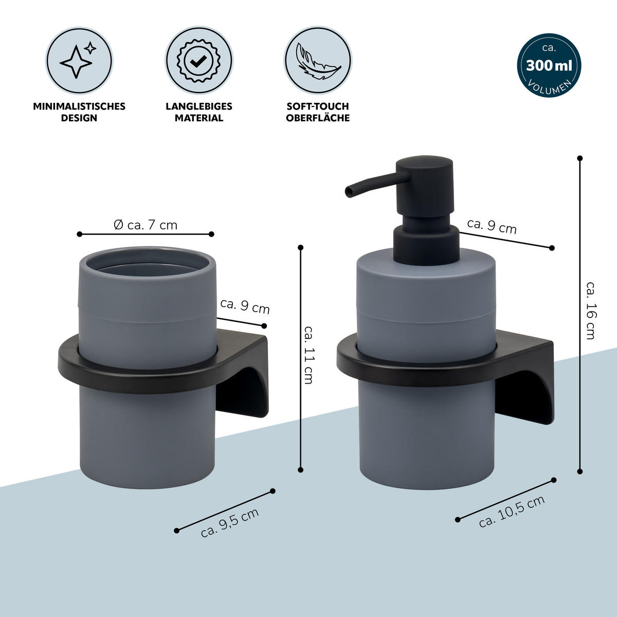 BADACCESSOIRESET SAVONA Softtouch (2er-Set) - Grau, Kunststoff (7/16/9cm) - bremermann