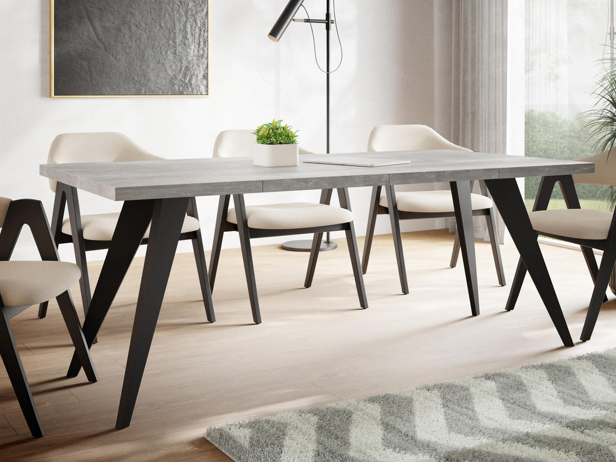 ESSTISCH Quadro quadratischer ausziehbarer, Grauer Beton 100-200/100/76 cm - Hellgrau/Schwarz, Holz/Holzwerkstoff (100/100/76cm) - WFL GROUP