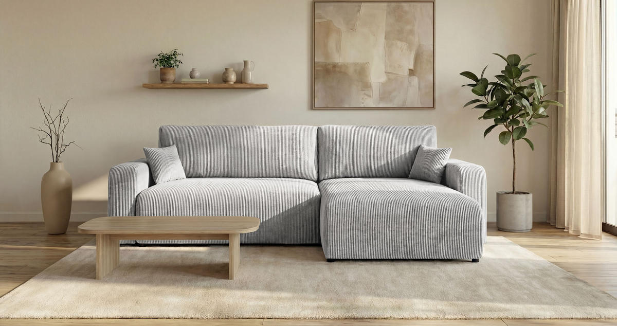 ROHOVÁ pohovka BERLIN pravá šedá manšestr Poso 55 - funkce spaní, úložný prostor - šedá, textil (285/184cm) - Cornero