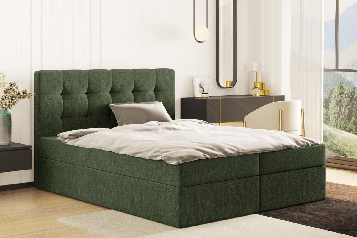 BOXBETT Mit Matratze Und Bettkasten, LUDANO Stoff Sydney Grün 160x200 cm H2-Pocket - Grün, Holz (160/200cm) - Kaiser Möbel