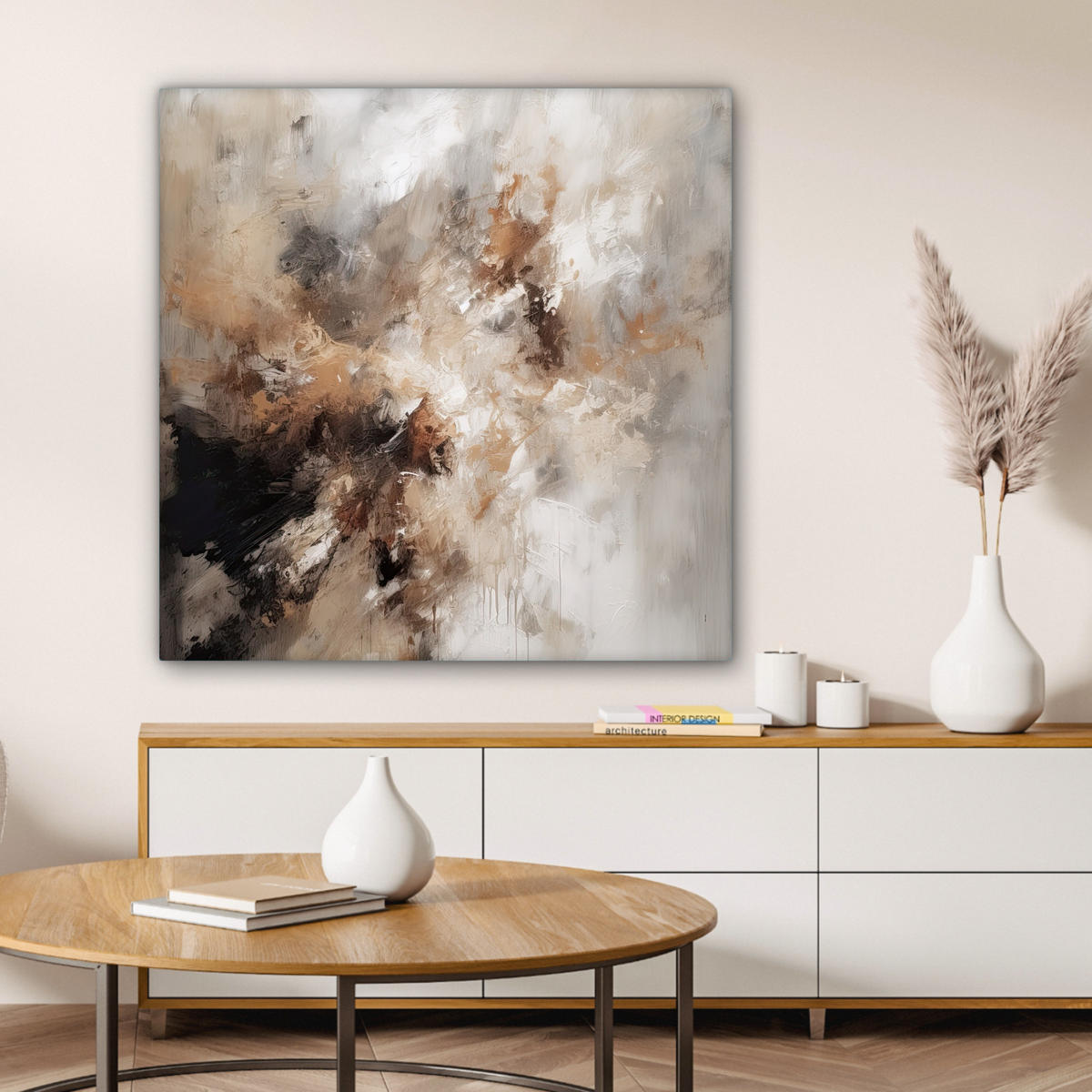 LEINWANDBILD - Farbe - Abstrakt - Beige - Kunst - 90x90 - Gemälde - Greige, Textil (90/90cm) - MuchoWow