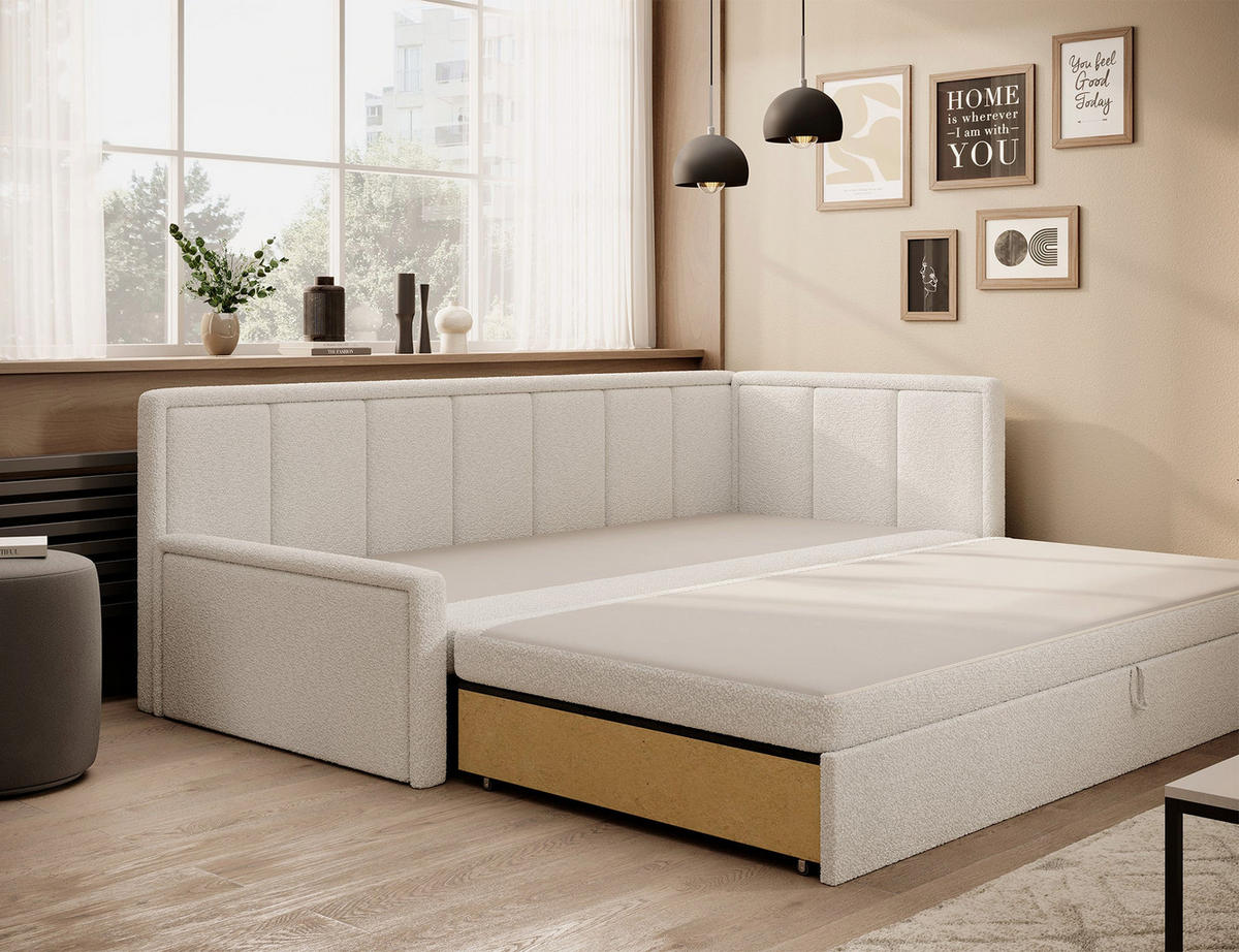 SCHLAFSOFA FULGEO mit Schlaffunktion & Bettkasten – Modernes 3-Sitzer Sofa, Liegefläche 200 x 150 cm - Weiß, Kunststoff (214/82/77cm) - Wohnideebilder