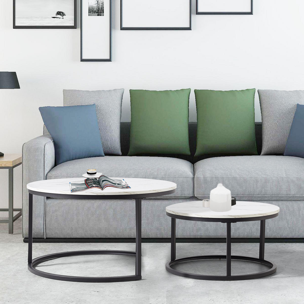 COUCHTISCH-SET mit Marmoreffekt und Metallrahmen Basis, Stapelbarer Beistelltisch Set 80/80/45 cm + 60/60/33,5 cm, Schwarz - Schwarz, Holzwerkstoff (80/80/45cm) - Redom