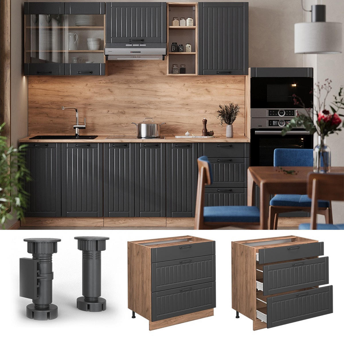 KÜCHENUNTERSCHRANK Fame-Line Dunkelgrau 80 cm mit 3 Schubladen, AP Marmor - Honigeiche/Dunkelgrau, Holzwerkstoff (80/82/60cm) - Vicco