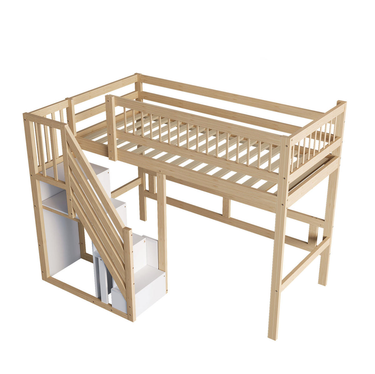 PATROVÁ postel 90/200 cm v přírodní barvě s dřevěnými úložnými schody - přírodní, kompozitní dřevo (90/200cm) - OKWISH