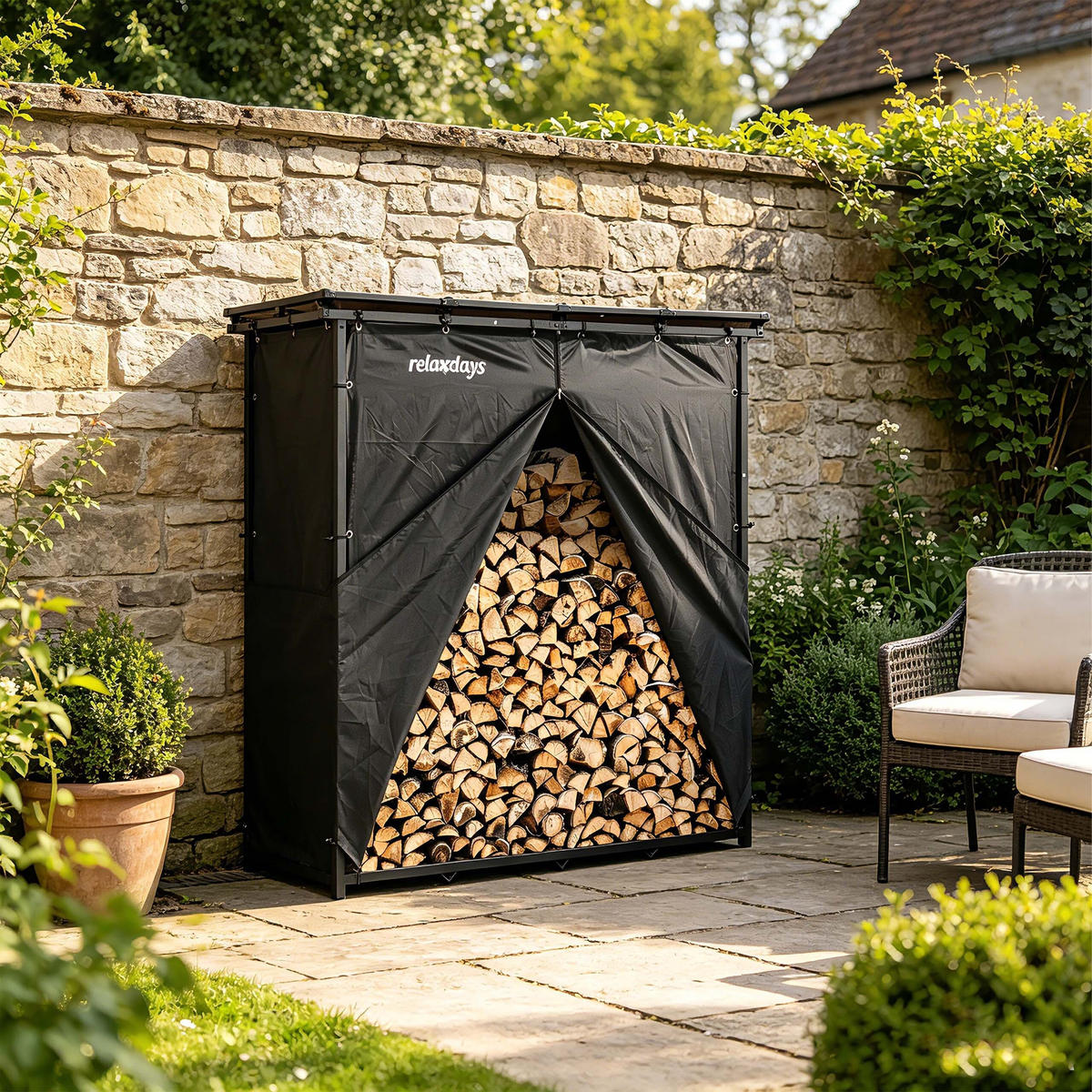 KAMINHOLZREGAL Schwarz Stahl mit Dach 185x185x70 cm - Schwarz, Kunststoff/Metall (185/185/70cm) - Relaxdays