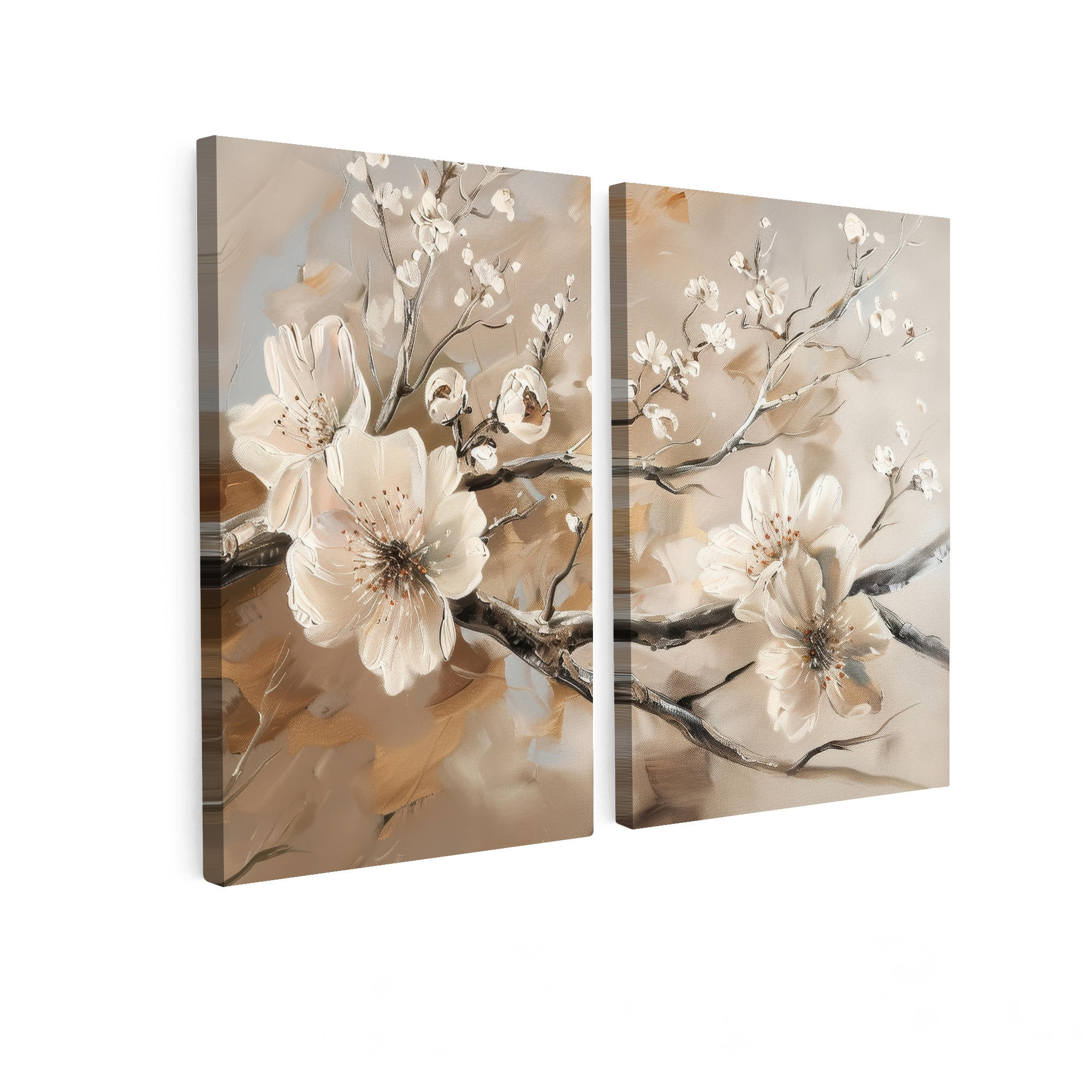 OBRAZ NA PLÁTNĚ 2dílná sada Květina - Béžová - Abstraktní - Květiny 80x60 cm - světle hnědá, textil (80/60cm) - MuchoWow