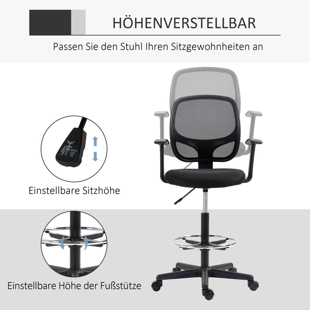 ZEICHENSTUHL mit Fußstütze 5 Rollen höhenverstellbar Stahl Mesh-Stoff Schwarz - Schwarz, Textil (56/132/60cm)