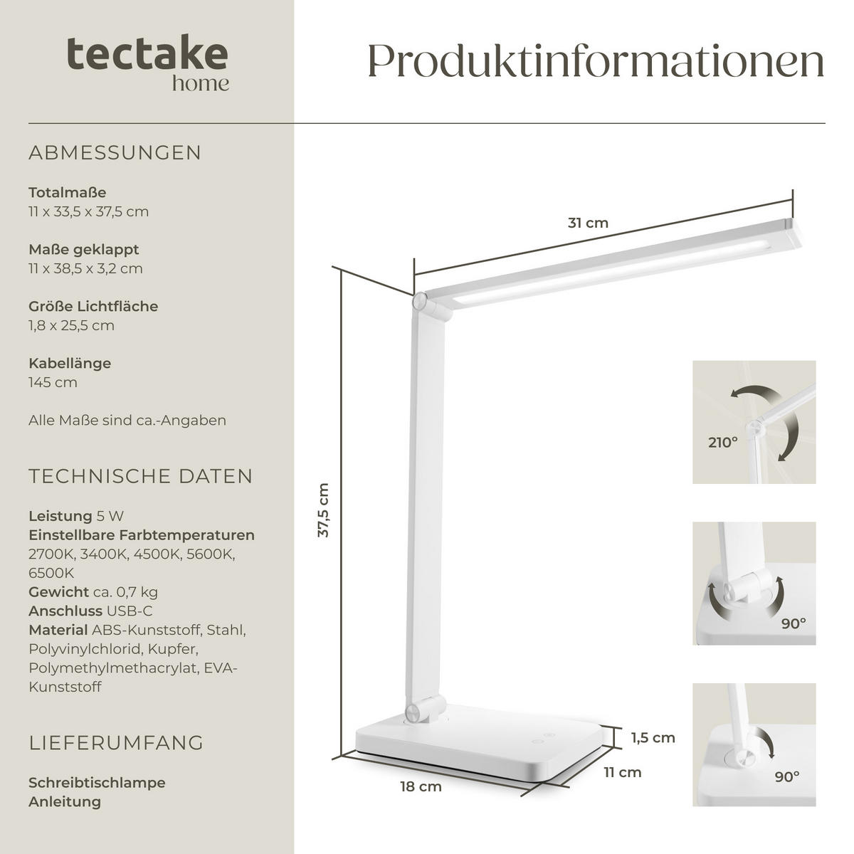 SCHREIBTISCHLAMPE Novaly,inklusive USB-Anschluss,weiß - Weiß, Kunststoff (33.5/11/37.5cm) - tectake