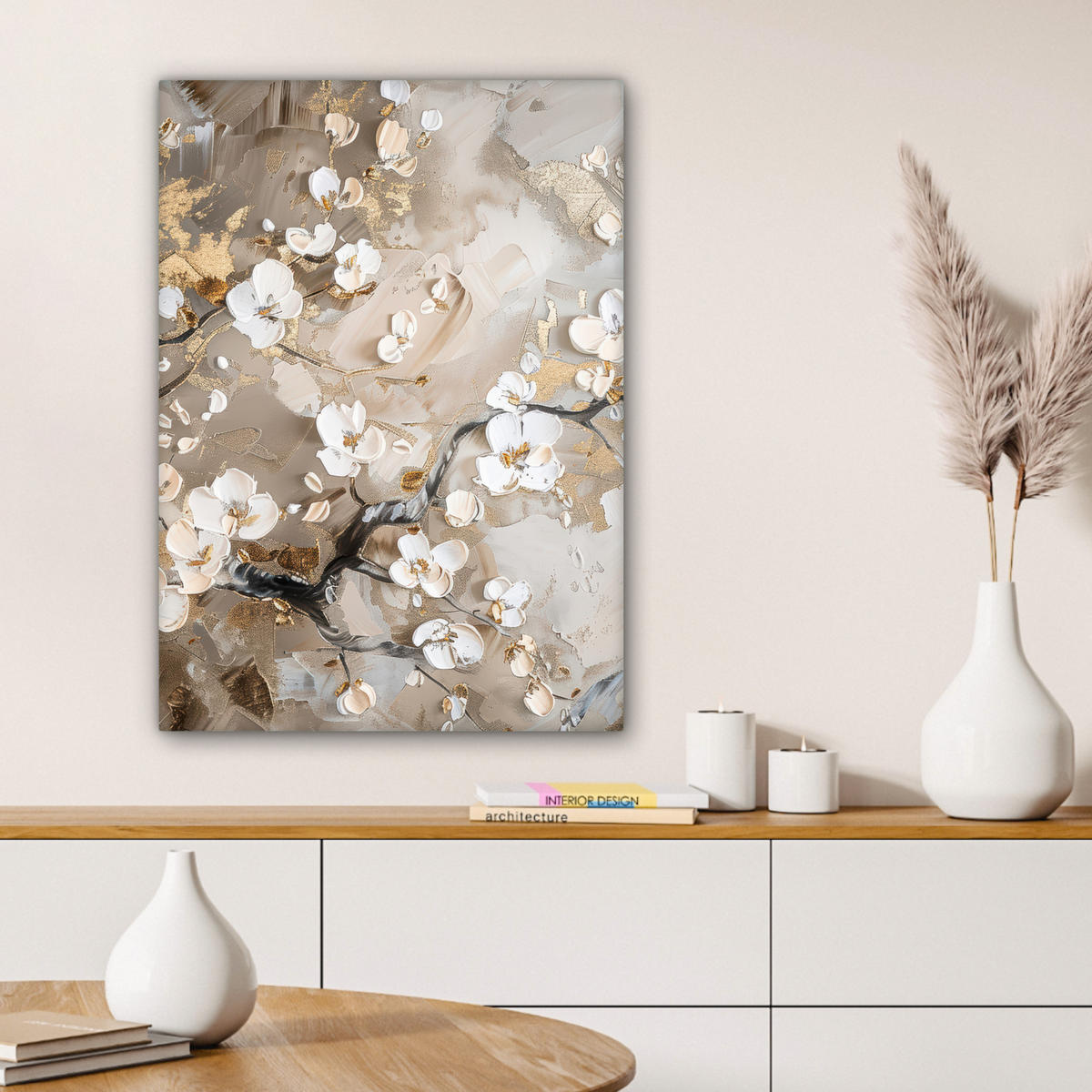 LEINWANDBILD - Blumen - Weiß - Gold - Beige - Luxus - 60x80 - Gemälde - Greige, Textil (60/80cm) - MuchoWow