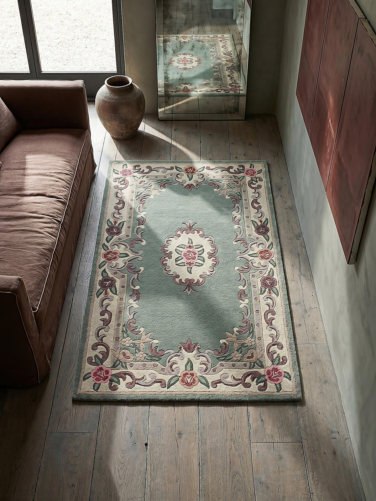 WOLLTEPPICH Aubusson-Muster handgeknüpft BEAULY, Grün-Beige 75x150 cm - Grün, Textil (150/75cm) - KADIMA DESIGN