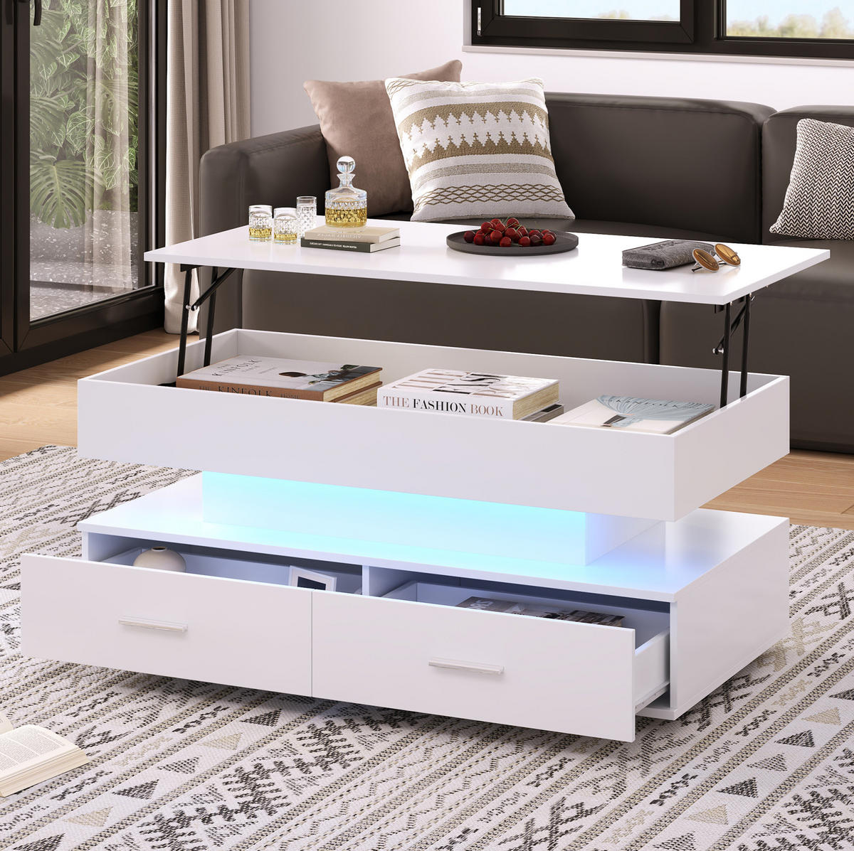 COUCHTISCH 100/50/44 cm weiß aus Spanplatte mit Höhenverstellung, LED-Beleuchtung und Stauraum - Weiß, Holzwerkstoff (100/50/44cm) - OKMYHOME