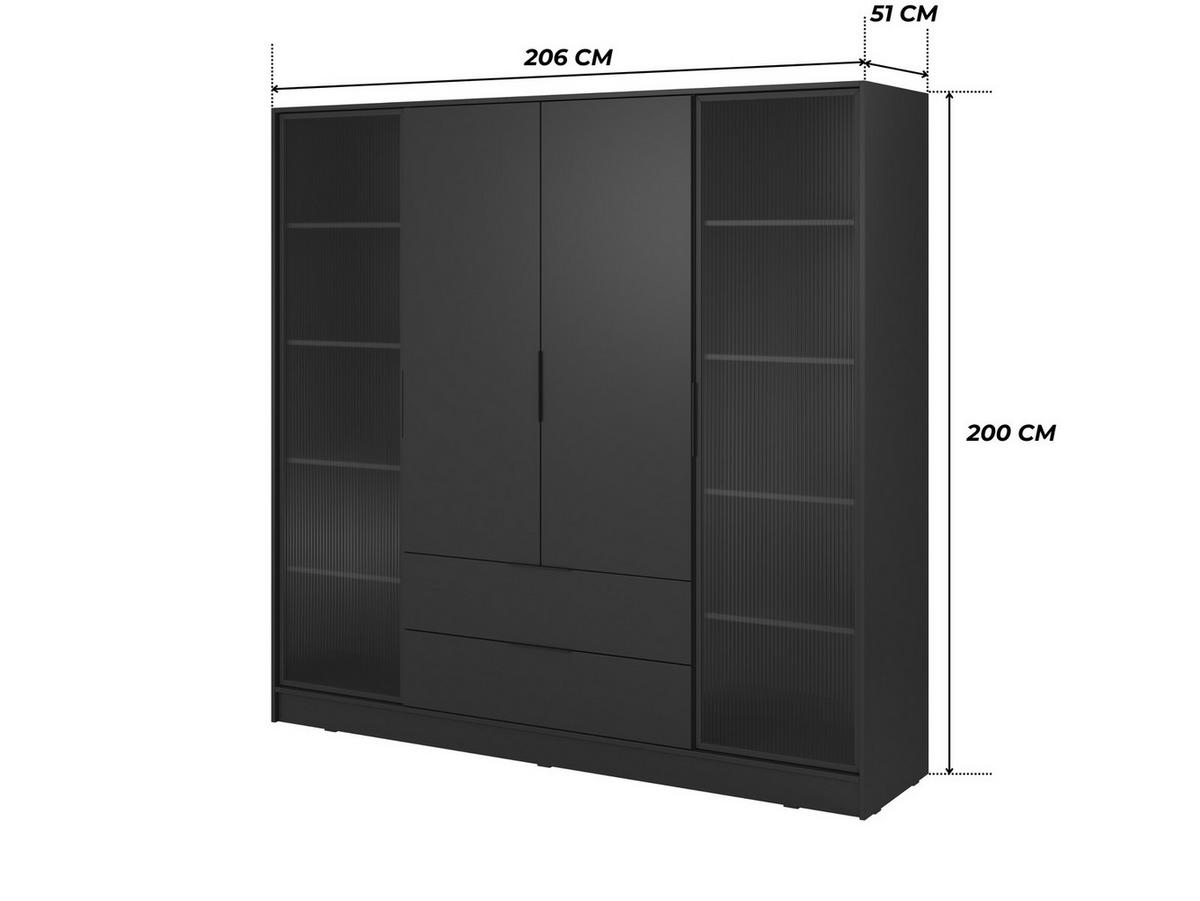 KLEIDERSCHRANK RICADI 4D RD (Schwarz, Riffelglas, 4 Türen, 2 Schubladen, Kunststoffgriffe) - Schwarz, Holz/Holzwerkstoff (206/200/51cm) - Ravio