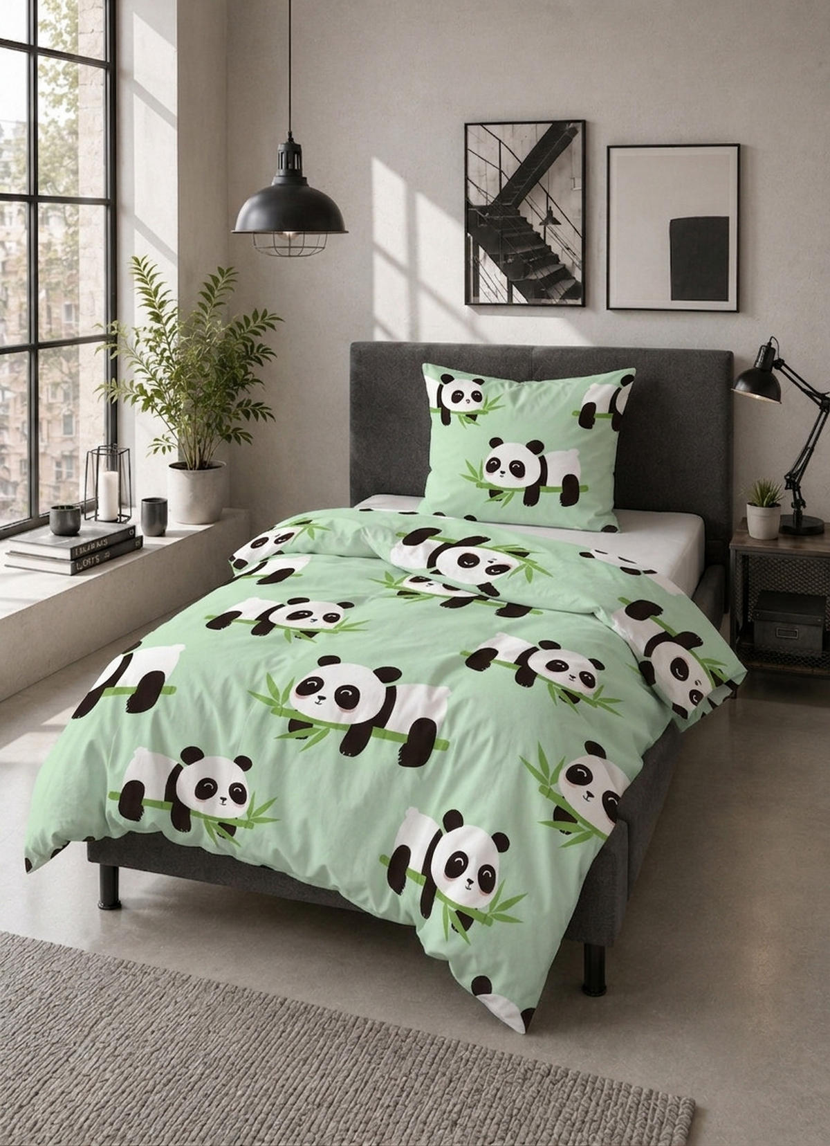 BETTWÄSCHE-GARNITUR Polarfleece Panda mint, 135x200 cm + 80x80 cm - Mintgrün, Textil (135/200cm) - Castell