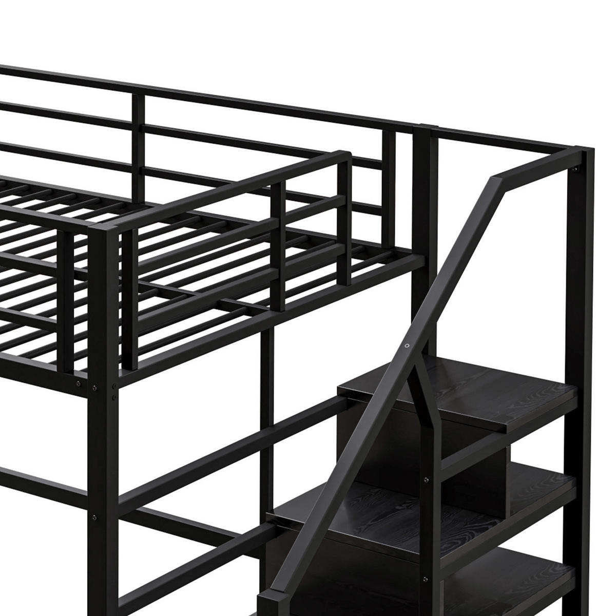 VYVÝŠENÁ dětská postel z kovu a MDF 140x200 cm černá s policemi, úložným žebříkem a prostorem pod lůžkem - černá, kov (140/200cm) - Modfu