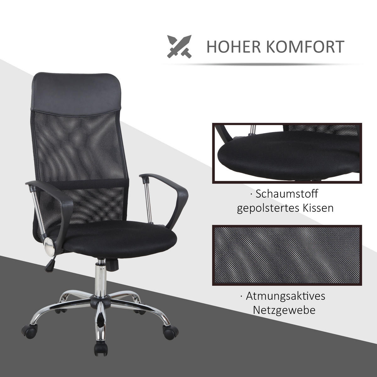 ERGONOMISCHER, Bürostuhl, Netz, Schwarz - Schwarz, Kunststoff (65/119/63cm) - HOMCOM
