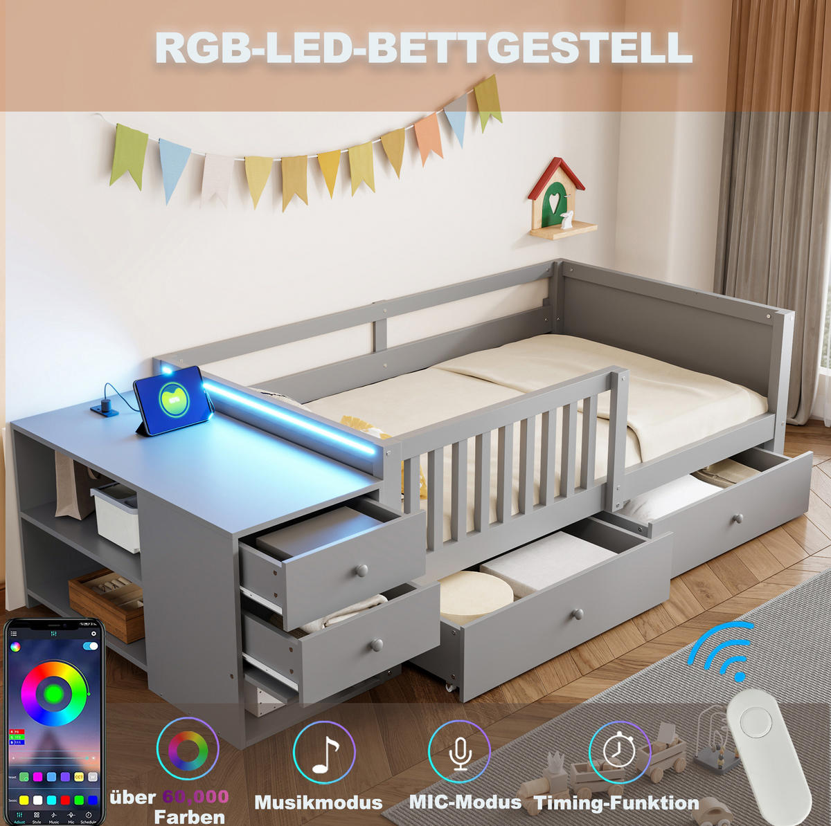 HOCHBETT 90x200 cm in Grau mit Schubladen, LED-Beleuchtung und Steckdose - Grau, Holz (90/200cm) - IVMEU