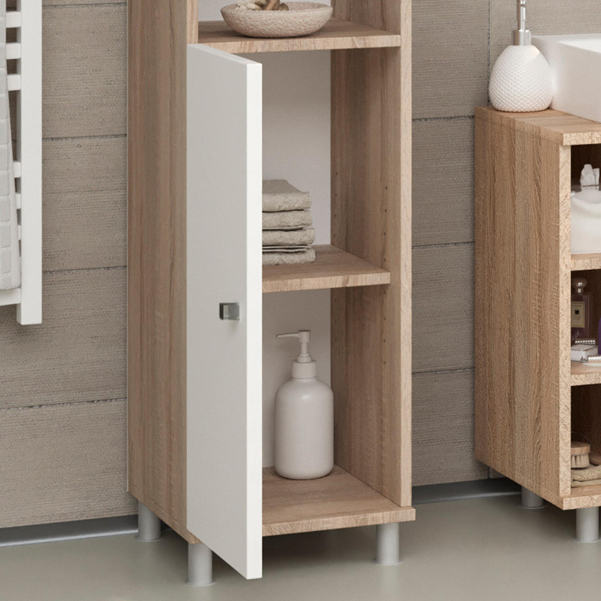 BADSCHRANK Fynn Sonoma 30 x 190 cm - Weiß/Sonoma Eiche, Holzwerkstoff (30/190/30cm) - Vicco