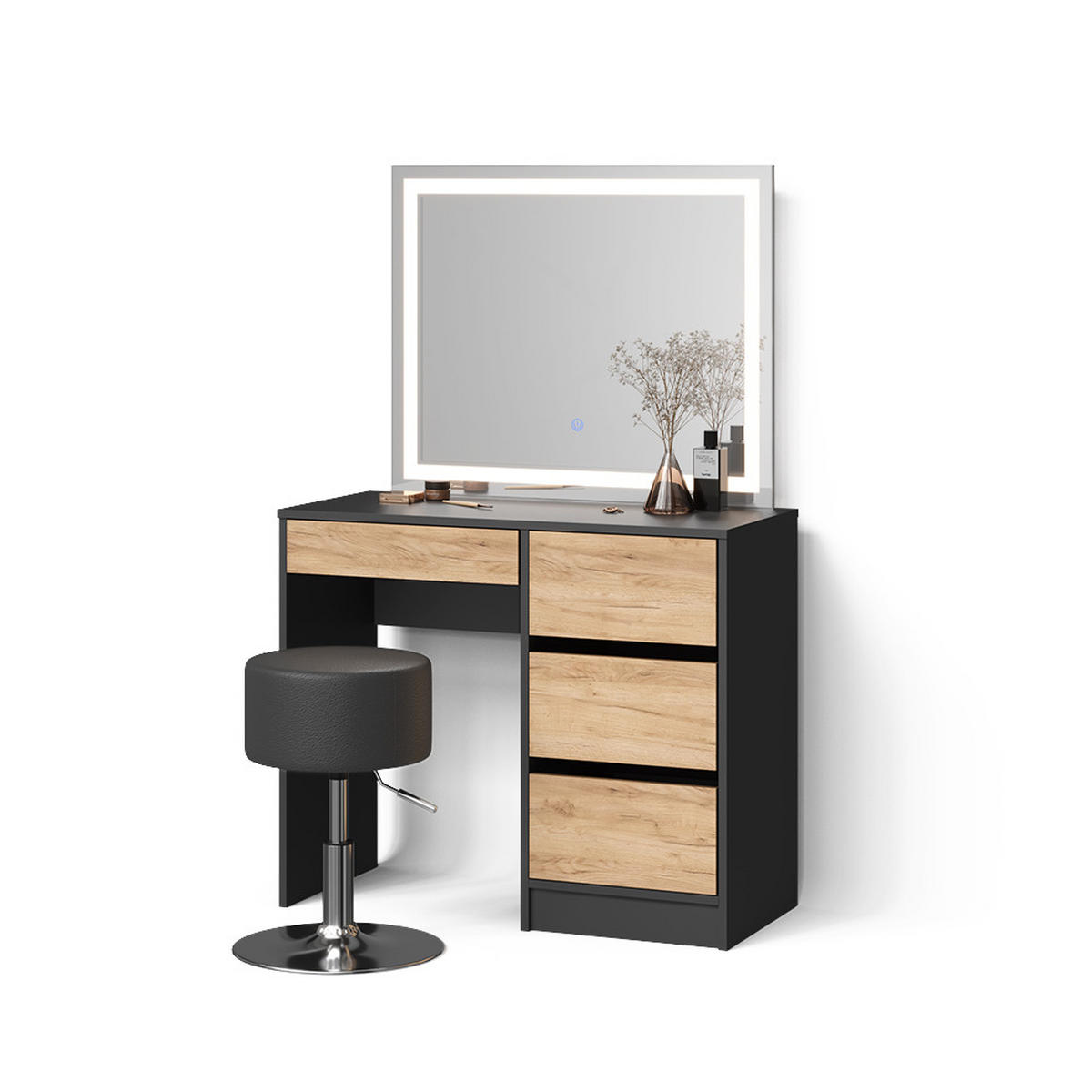 SCHMINKTISCH Imola Anthrazit/Goldkraft Eiche mit LED-Spiegel und Hocker - Anthrazit/Eiche Wotan, Holzwerkstoff (120/75/55cm) - Livinity®