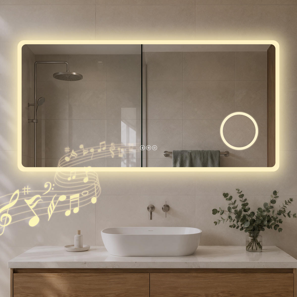 BADSPIEGEL mit Beleuchtung 60/120 cm rechteckig LED, Bluetooth, Vergrößerungsspiegel, Antibeschlag - Transparent, Glas (120/60/3.5cm) - S'AFIELINA
