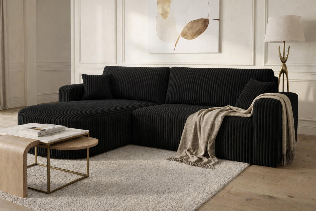 ECKSOFA Mit Schlaffunktion, Cordstoff Tilia, Schwarz, Links, ROUND ONE XL - Schwarz, Holz (271/175cm) - Kaiser Möbel