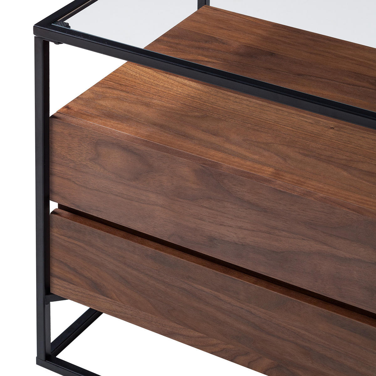 BEISTELLTISCH mit Schubladen - Echtholzfurnier / Metall - Walnuss / Schwarz - Braun, Glas/Holzwerkstoff (43/54/54cm) - home24