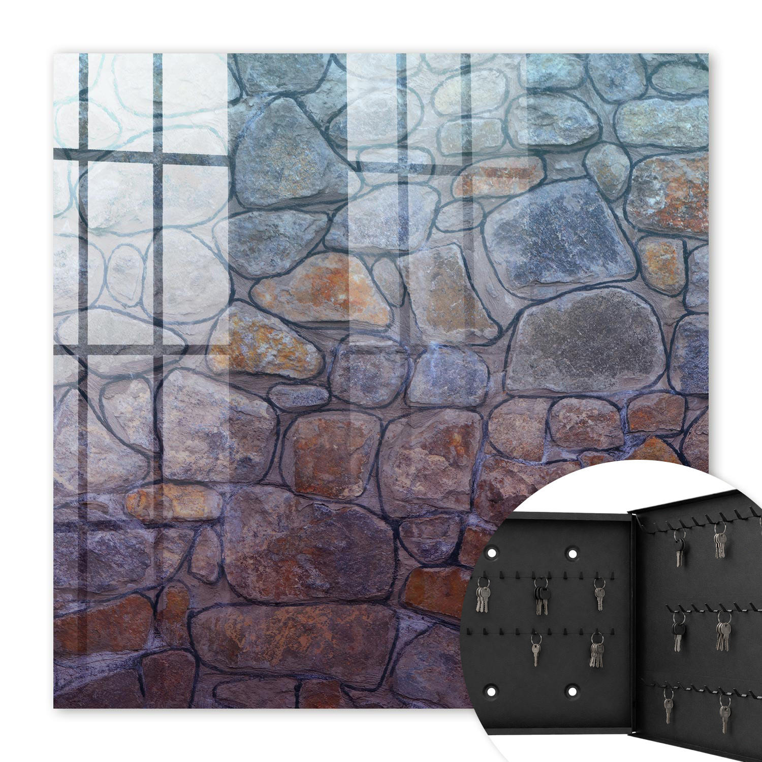 SCHLÜSSELBOX Schwarz 30x30 cm- Türöffnung nach rechts - Steintextur - Blaugrau, Metall (30/30/5cm) - TULUP