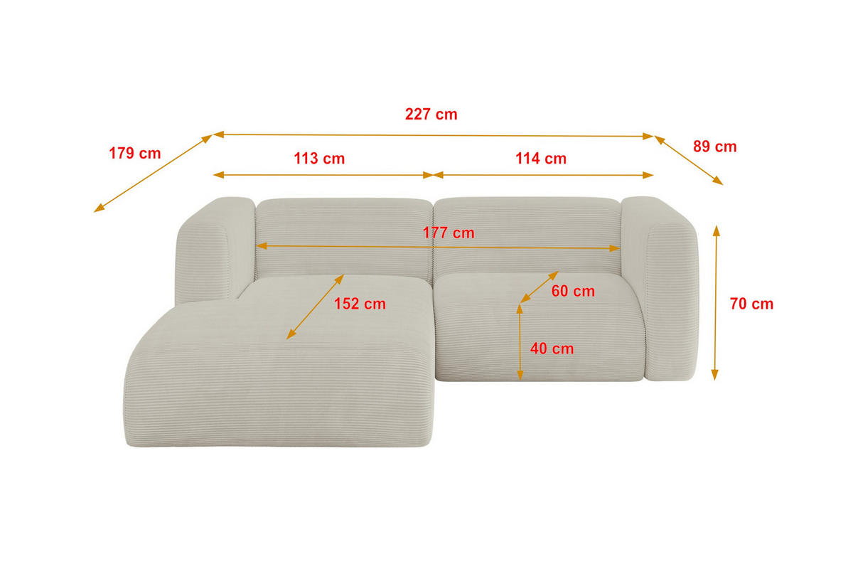 ECKSOFA Ottomane Links MIRA-L1 227x179x89 Creme Cord - Ecru/Creme, Holzwerkstoff/Kunststoff (227/179cm) - ALTDECOR