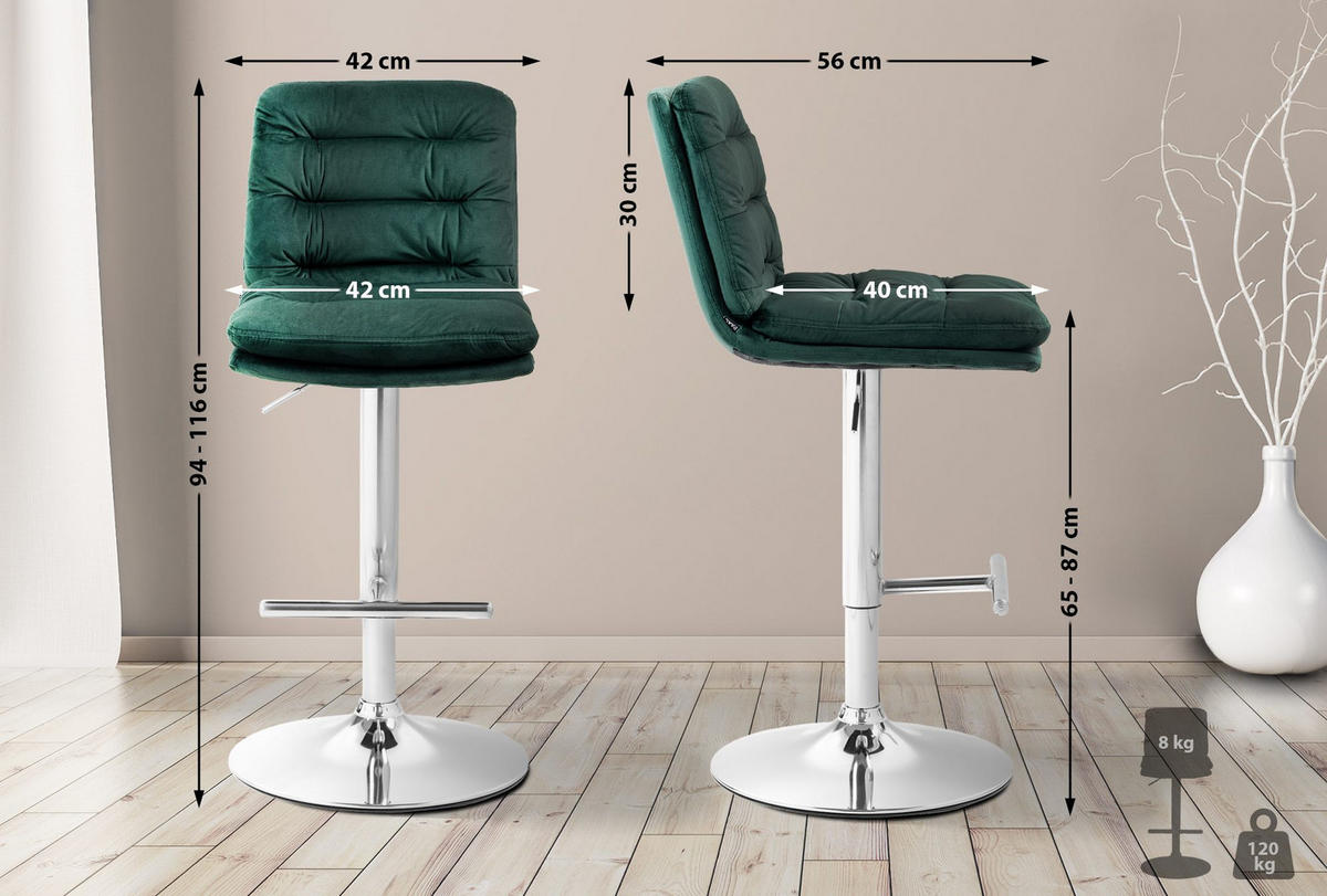 BARHOCKER Samt grün - Chromfarben/Grün, Textil/Metall (42/94/56cm) - CLP