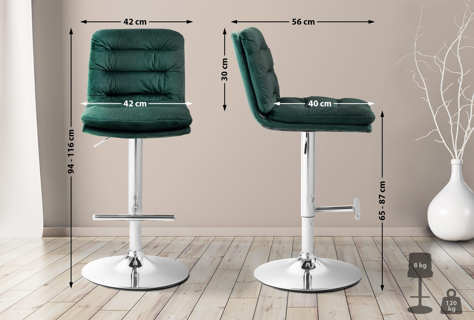 Thumbnail - CLP Barhocker, Grün, Textil, 42x94x56 cm, Esszimmer, Barmöbel, Barhocker