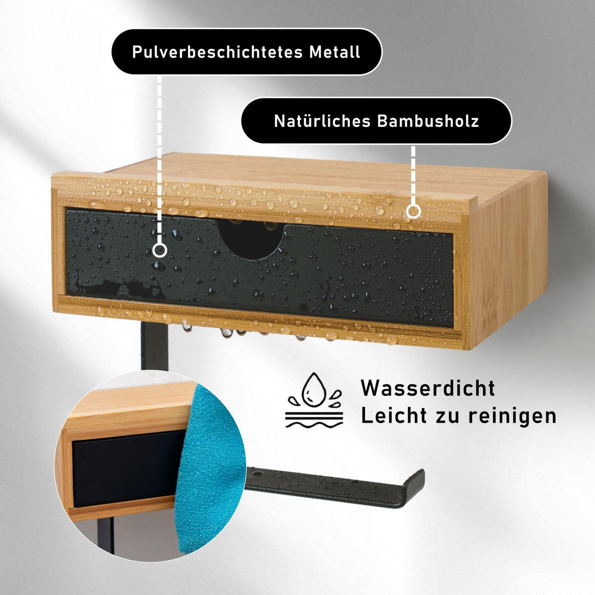 TOILETTENPAPIERHALTER mit Schublade 10x18,5x13cm Bambus - Schwarz, Holz (18.5/10/13cm) - BERLINLODGE