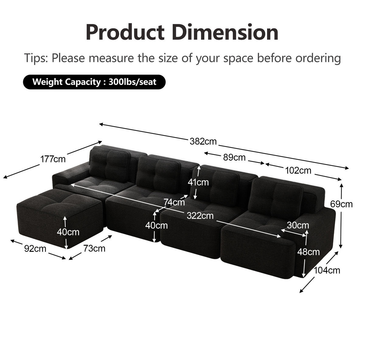 ECKSOFA 382/177/69 cm schwarz aus Cord mit 74 cm Tiefsitz und Chaiselongue - Schwarz, Textil (177/382cm) - OKWISH