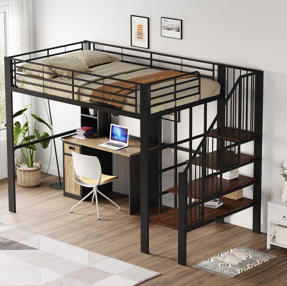 HOCHBETT 140/200 cm aus Metall/Holz mit Treppe und Stauraum Schwarz - Schwarz, Metall (140/200cm) - Modenvie