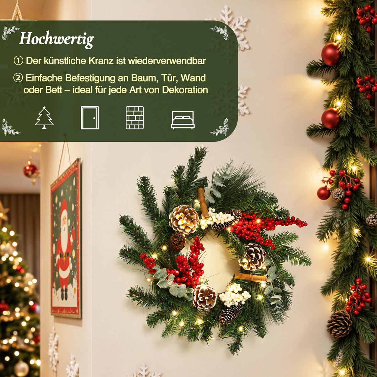 WEIHNACHTSKRANZ mit LED Beleuchtung & Timer - Dunkelgrün, Naturmaterialien (40cm) - Hometopia