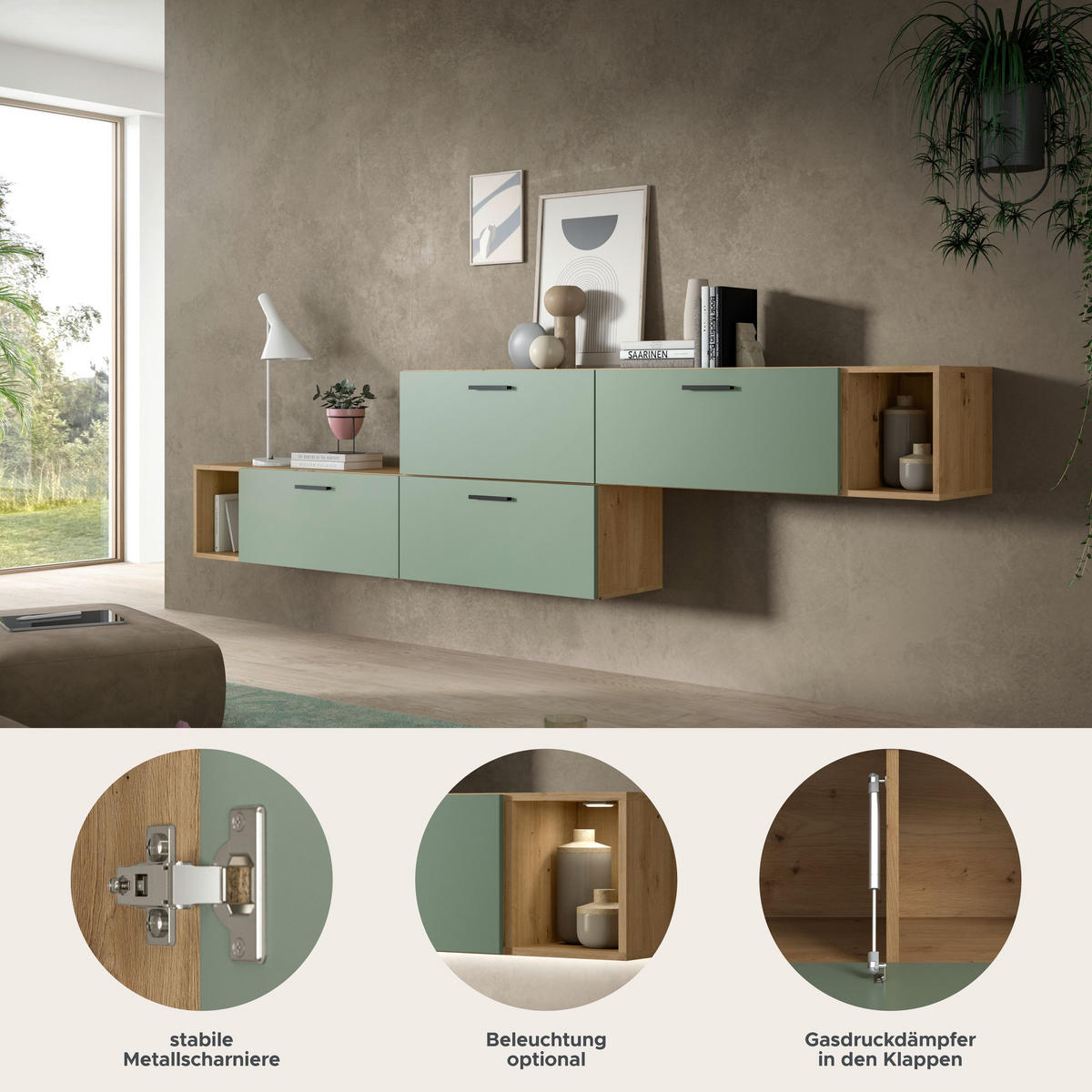 WOHNWAND Primo 2 tlg. (B/H/T: ca. 276/97/34 cm) in Artisan Oak /Smoke Green - Eiche Artisan, Holzwerkstoff (276/97/34cm)