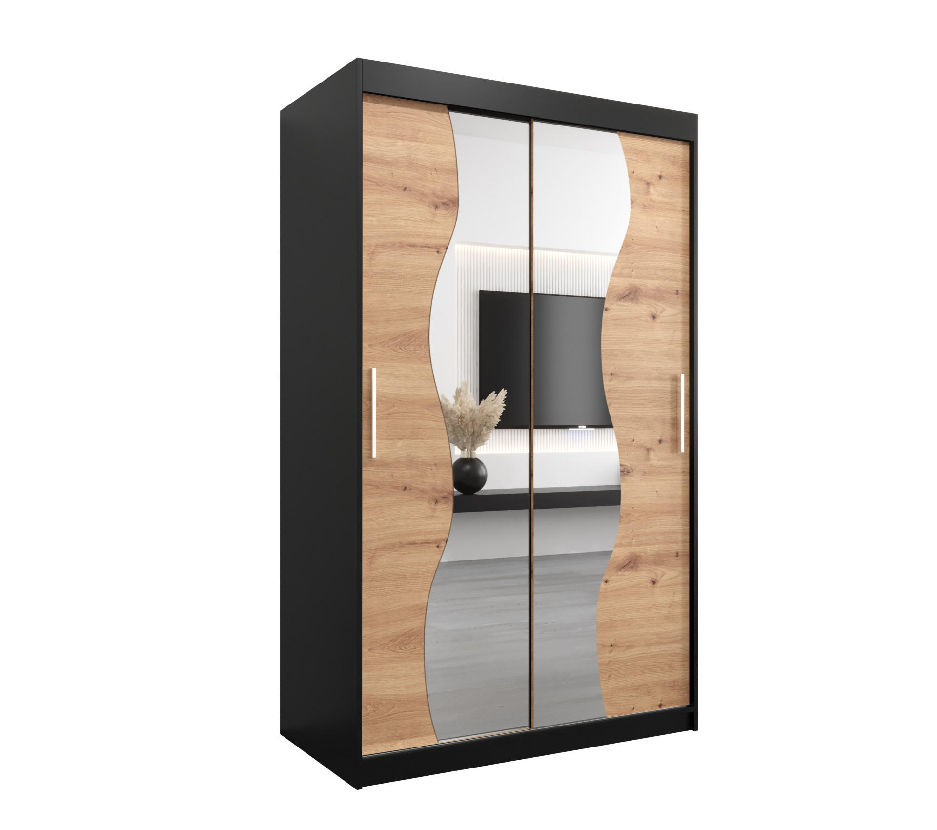 Möbel Kryspol Schwebetürenschrank Schwarz, Eiche Artisan 120x200x62 cm