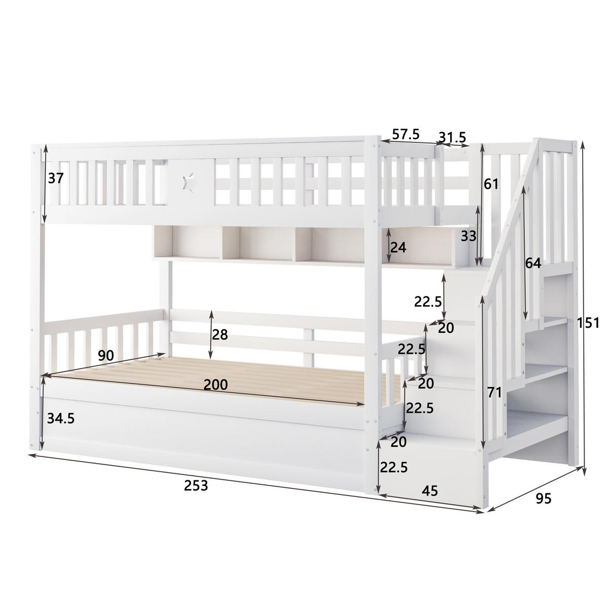 ETAGENBETT Hochbett Weiß 90x200cm - Weiß, Holz (90/200cm) - ComfortXL