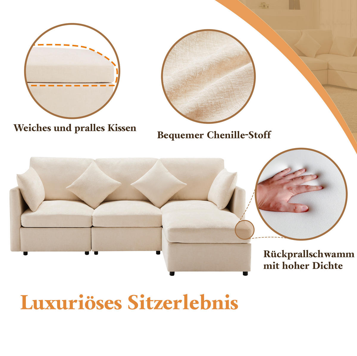 ECKSOFA 216/161/81 cm Beige aus Chenille mit Hocker und 4 Kissen - Beige, Textil (161/216cm) - OKWISH