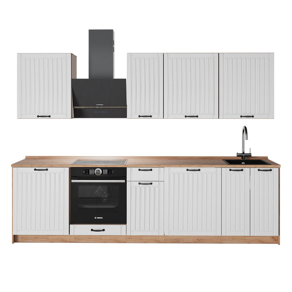 KÜCHENZEILE Fame-Line, Weiß Landhaus/Goldkraft Eiche, 280 cm, AP Eiche - Honigeiche/Weiß, Holzwerkstoff (280/82/60cm) - Vicco