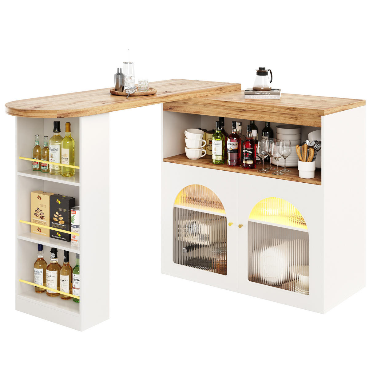 BARSKI stol 138-193/39/105 cm bijeli od MDF-a s LED rasvjetom i rotirajućim spremištem - bijela, drvni materijal (39/193/105cm) - OKWISH