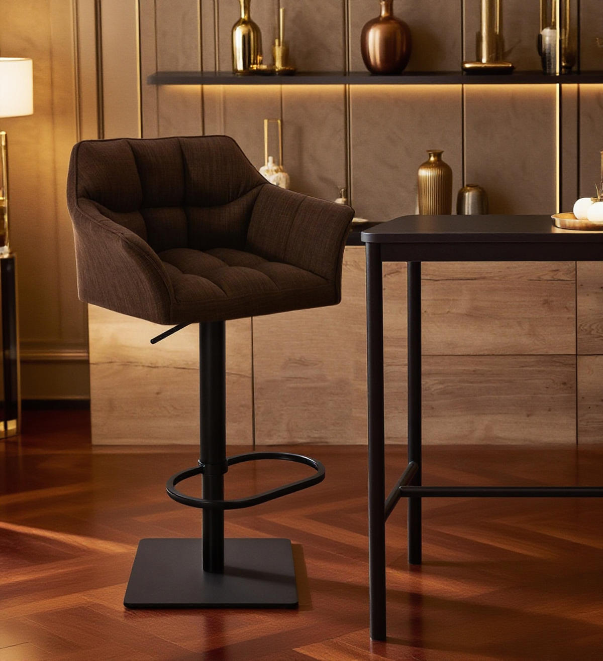 BARHOCKER 2er Set Damaskus Stoff schwarz braun - Schwarz/Braun, Textil/Metall (64/110/48cm) - TPFLiving