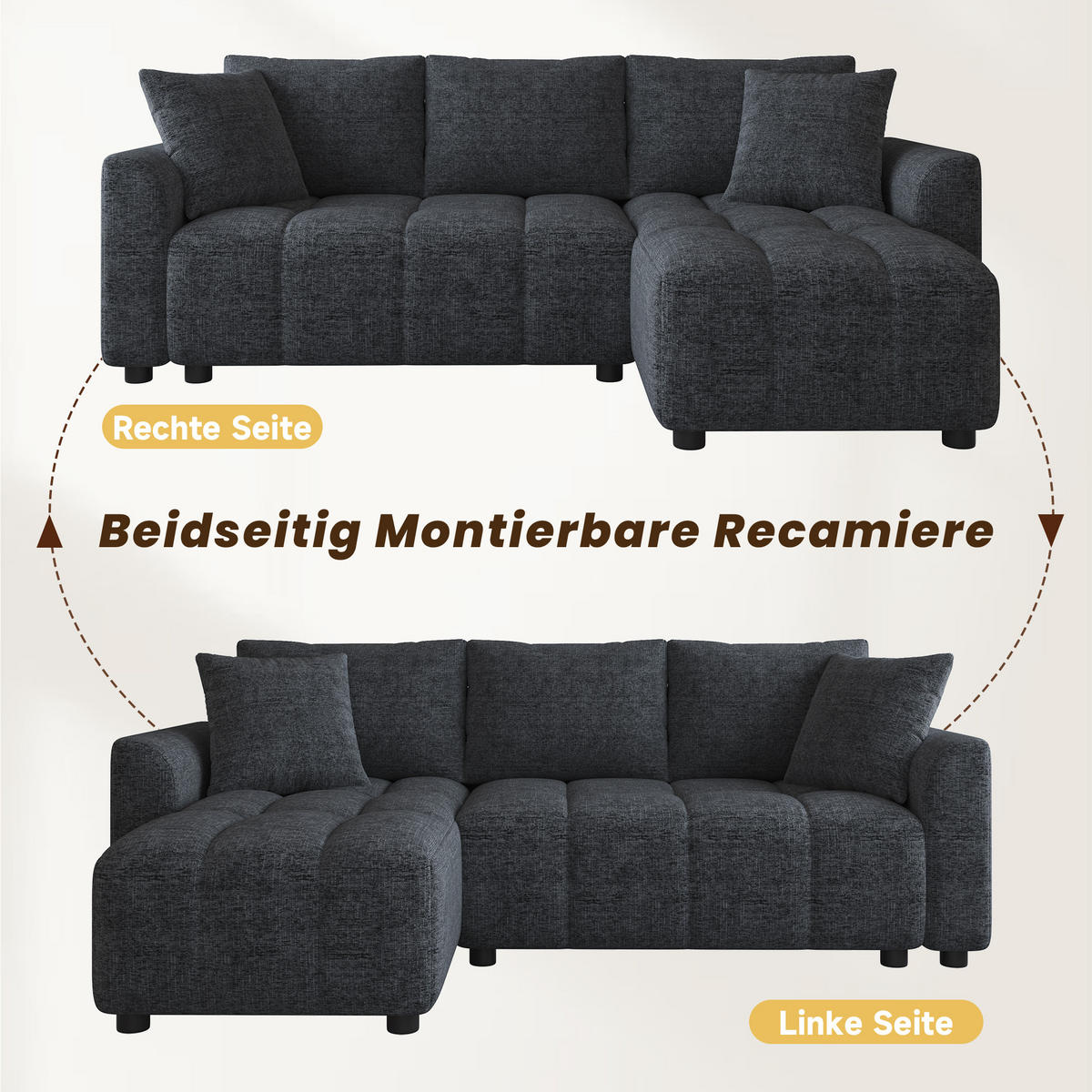 ECKSOFA 204/127/82.5 cm Grau Chenille mit 2 Zierkissen - Grau, Holz/Textil (204/127cm) - Oxeza