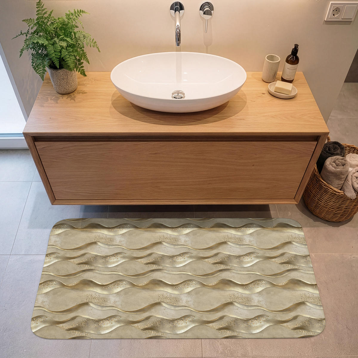 KOUPELNOVÁ PŘEDLOŽKA Vlny - vzor - zlaté 120x60 cm - barva mosazi, textil/plast (120/60cm)