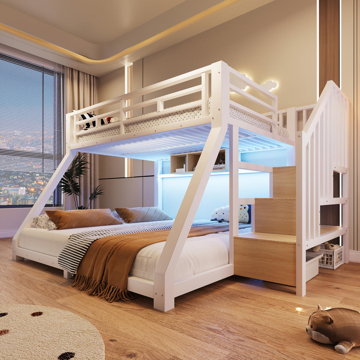 ETAGENBETT 90/200 cm & 140/200 cm in Weiß Kinderbett mit 3 Staufächern, LED und Treppe Metall - Weiß, Holzwerkstoff/Metall (140/200cm) - STILVORA