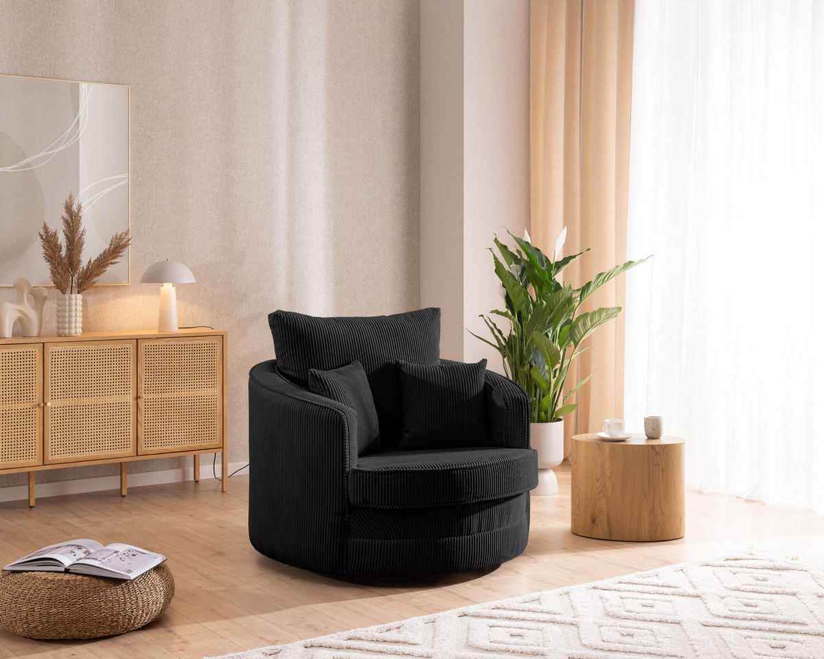 DREHSESSEL Ted aus Schwarz Cord-Stoff - Schwarz, Holz/Textil (107/94/100cm) - S-Style Möbel